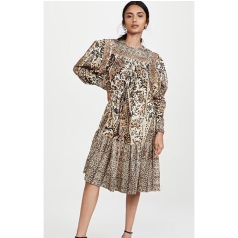 Ulla Johnson Cotton Hannah Corduroy Beige Paisley Long Sleeve Midi Dress sz 4/L